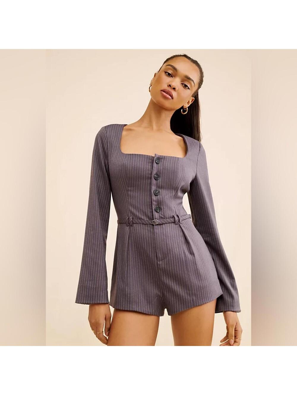 Free People Grey Paloma Long Sleeve Romper Grey Striped XS